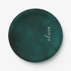 Dark green watercolor Monogram Name Paper Plate