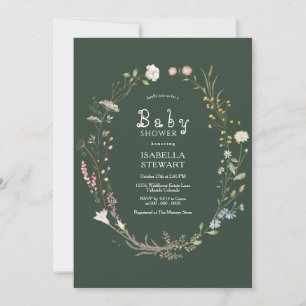 Dark Green Watercolor Wildflower Baby Shower Invitation