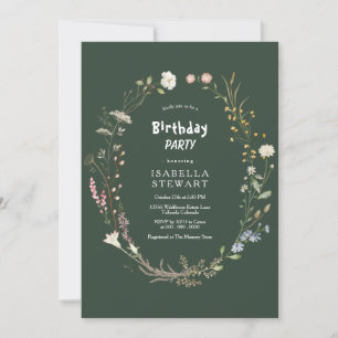 Dark Green Watercolor Wildflower BIrthday Party Invitation