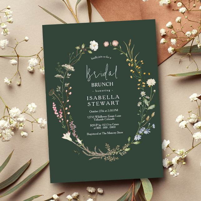 Dark Green Watercolor Wildflower Bridal Brunch Invitation (Creator Uploaded)