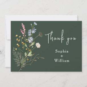 Dark Green Watercolor Wildflower Theme Wedding Thank You Card
