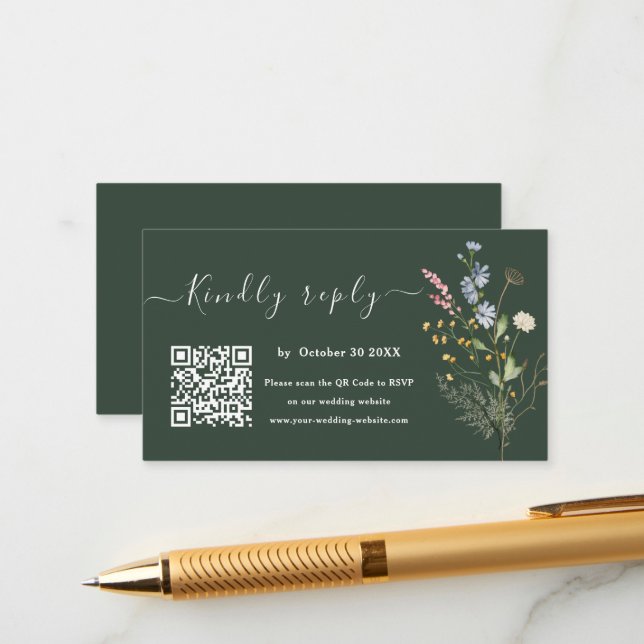 Dark Green Watercolor Wildflower Wedding Website Enclosure Card (Front/Back In Situ)