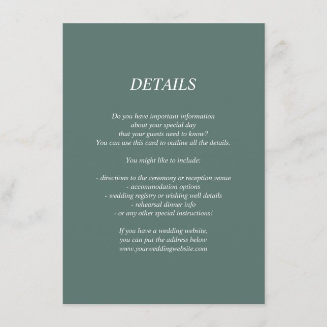 Dark green wedding details/information card (Front)