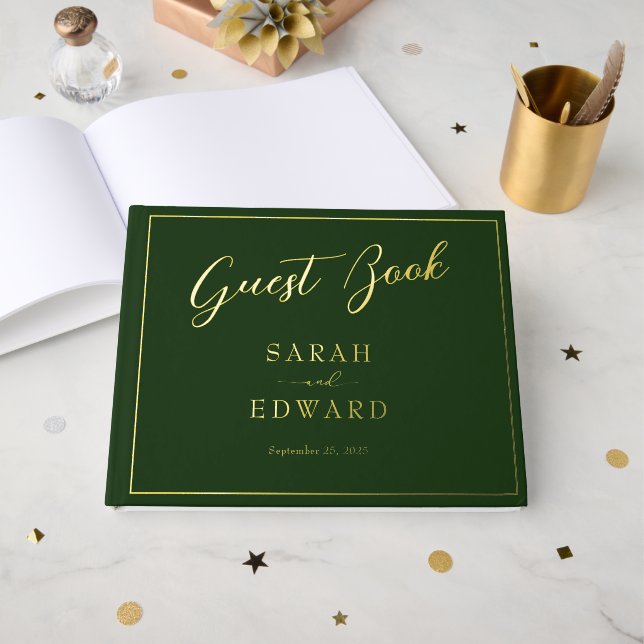 Dark Green Wedding Gold Foil Guestbook (Front Open)