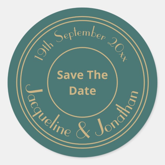 Dark Green Wedding Gold Script 'Save The Date' Classic Round Sticker (Front)