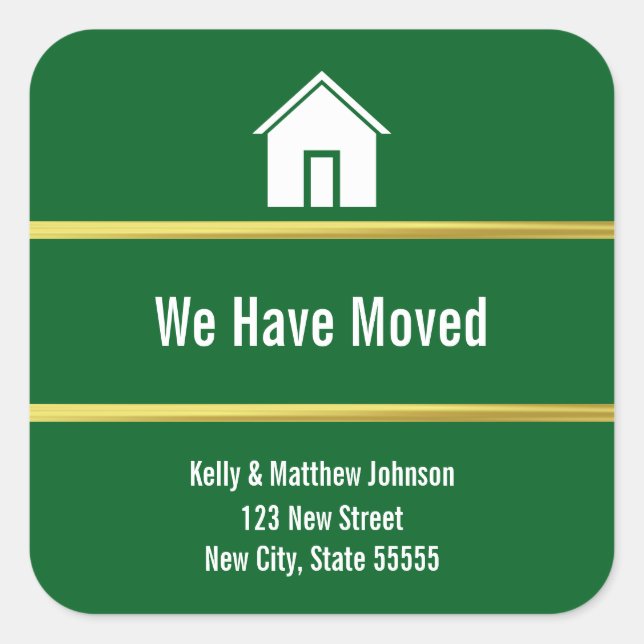 Dark Green White and Faux Gold Moving Announcement Square Sticker (Front)