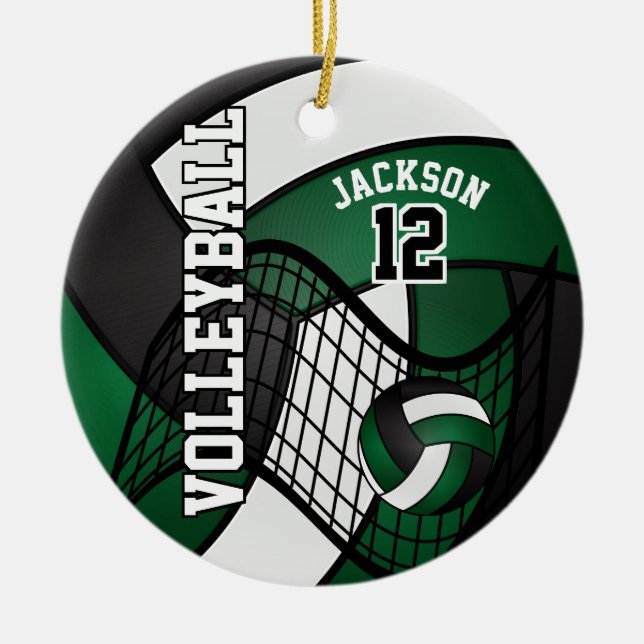 Dark Green, White & Black Volleyball 🏐 Ceramic Tree Decoration (Front)