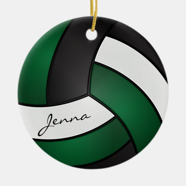 Dark Green, White & Black Volleyball 🏐 Ceramic Tree Decoration (Front)