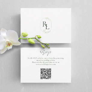 Dark Green & White Floral Monogram QR Wedding RSVP Card