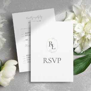 Dark Green & White Floral Monogram Wedding RSVP Card