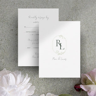 Dark Green & White Floral Monogram Wedding  RSVP Card