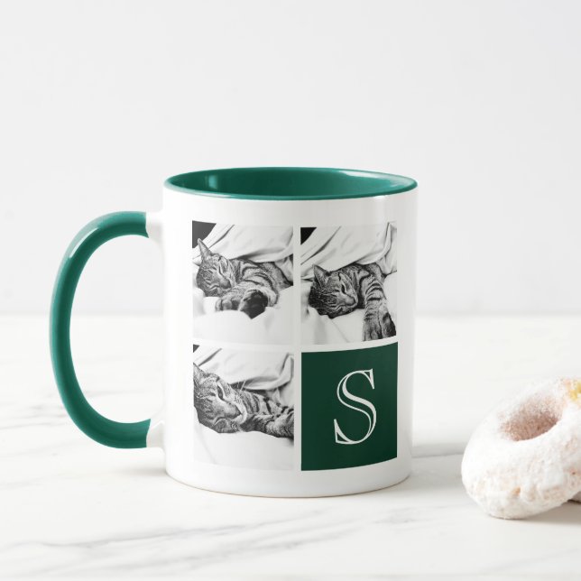 Dark Green, White Instagram Photo Collage Monogram Mug (With Donut)