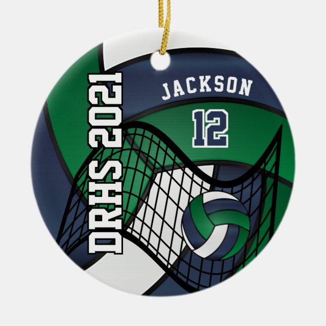 Dark Green, White & Navy Volleyball 🏐 Ceramic Tree Decoration (Front)