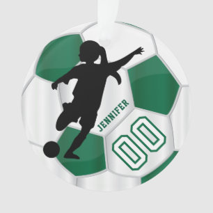 Dark Green & White Personalise Girl Soccer Player Ornament