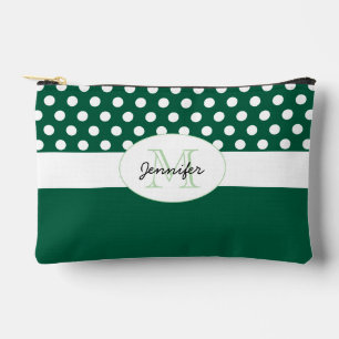 Dark green White polka dots retro pattern Monogram Accessory Pouch