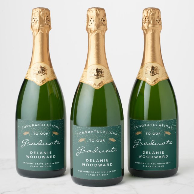 Dark Green White Script Gold Cap Graduation Sparkling Wine Label (Bottles)