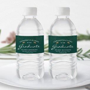 Dark Green White Script Gold Cap Graduation Water Bottle Label
