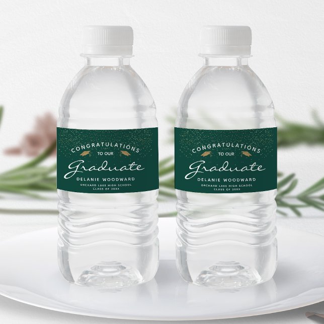 Dark Green White Script Gold Cap Graduation Water Bottle Label (Creator Uploaded)