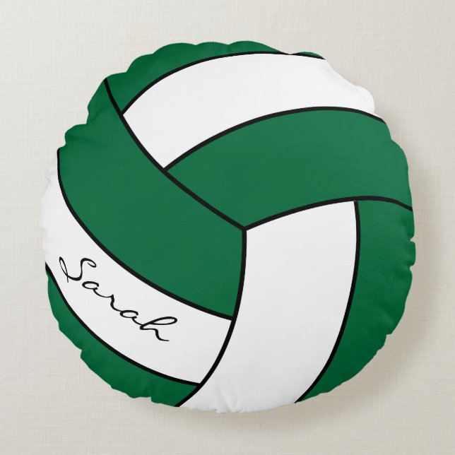 Dark Green & White Volleyball | DIY Name | Sport Round Cushion (Front)