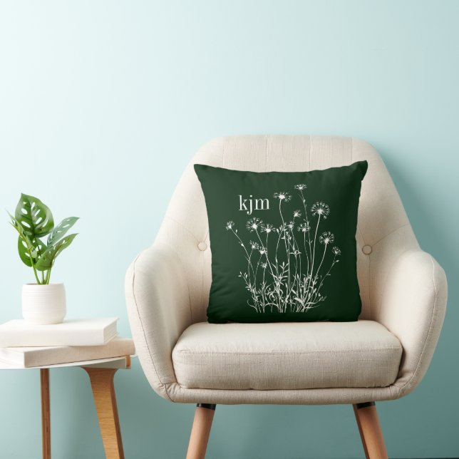 Dark Green & White Wildflowers Monogram Cushion (Chair)