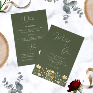 Dark Green Wildflowers Spring All in One Wedding  Invitation