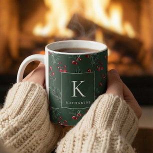 Dark Green Winter Watercolor Botanical Monogram Coffee Mug