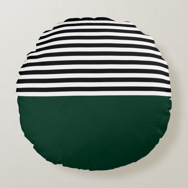 Dark Green With Black and White Stripes Round Cushion (Front)