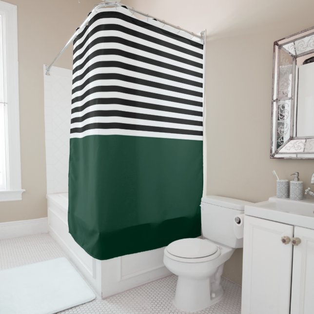 Dark Green With Black and White Stripes Shower Curtain (In Situ)