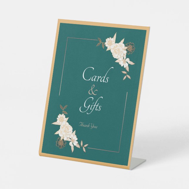 Dark Green with Cream Roses Wedding Cards & Gifts Pedestal Sign (Front)