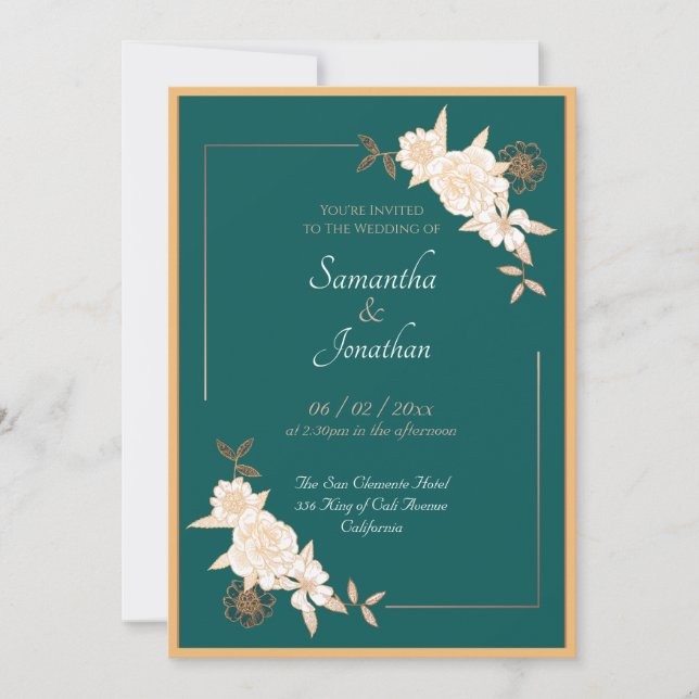 Dark Green with Cream Roses Wedding Invitation (Front)