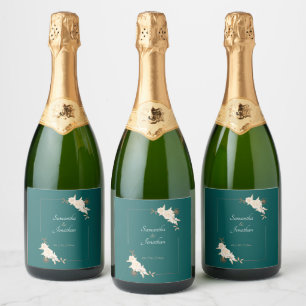 Dark Green with Cream Roses Wedding Sparkling Wine Label