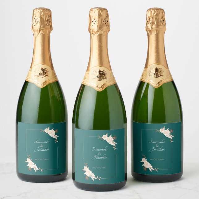 Dark Green with Cream Roses Wedding Sparkling Wine Label (Bottles)