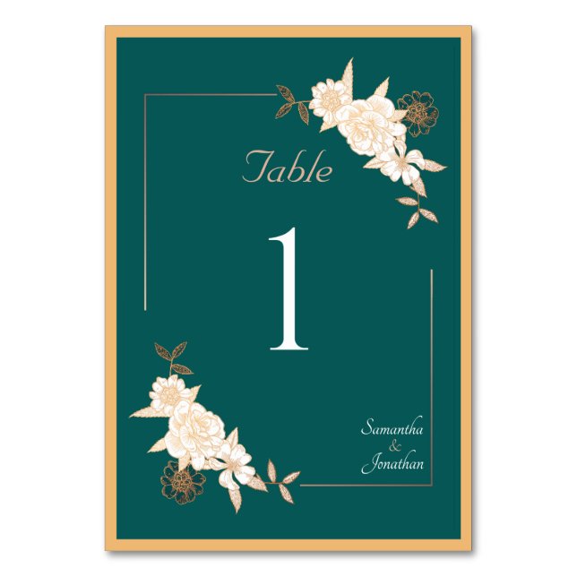 Dark Green with Cream Roses Wedding Table Number (Front)