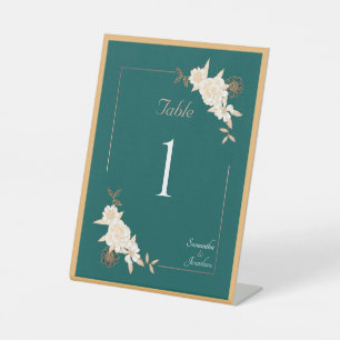 Dark Green with Cream Roses Wedding Table Number Pedestal Sign