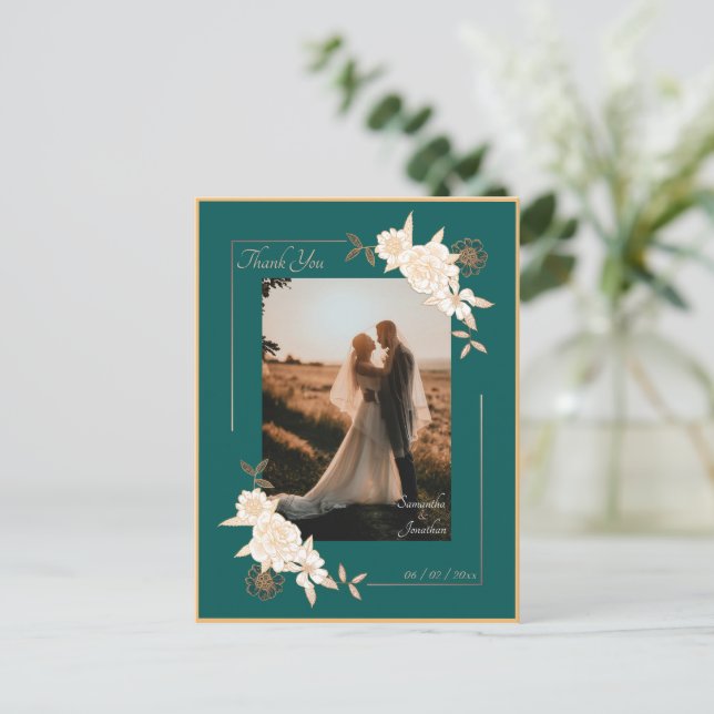 Dark Green with Cream Roses Wedding Thank You Postcard (Standing Front)