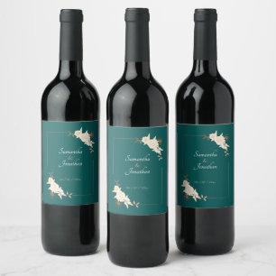 Dark Green with Cream Roses Wedding Wine Label