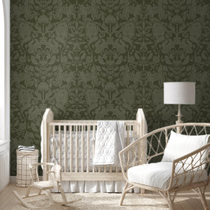 Dark Green Woodland Block Print Damask Wallpaper