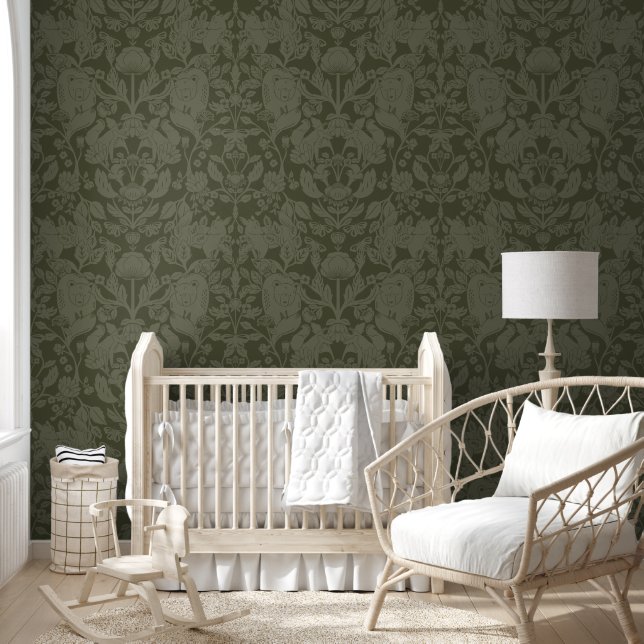 Dark Green Woodland Block Print Damask Wallpaper (Kids)
