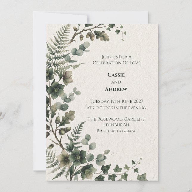Dark Green Woodland Fern Wedding Invitation (Front)