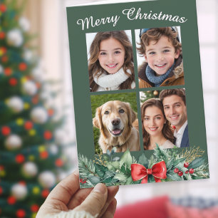 Dark Green Wreath Four-Photo Christmas Holiday Card