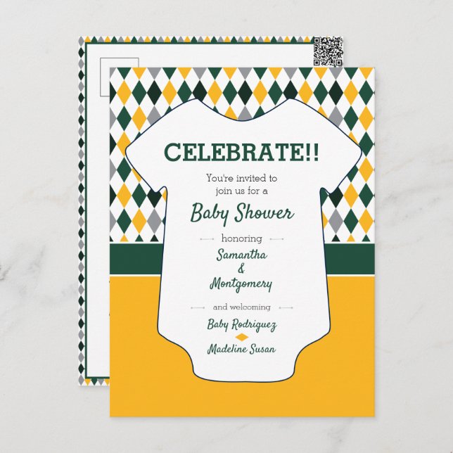 Dark Green & Yellow Argyle Pattern Baby Shower Postcard (Front/Back)