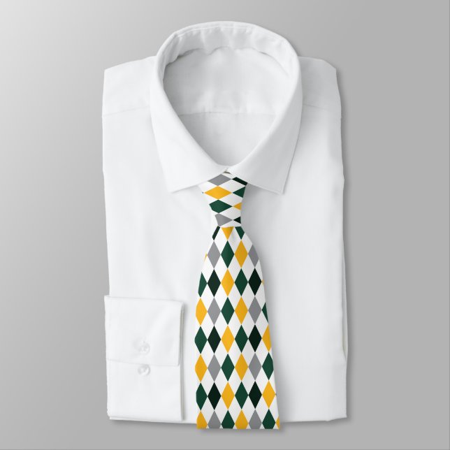 Dark Green & Yellow Argyle Pattern Game Day Tie (Tied)