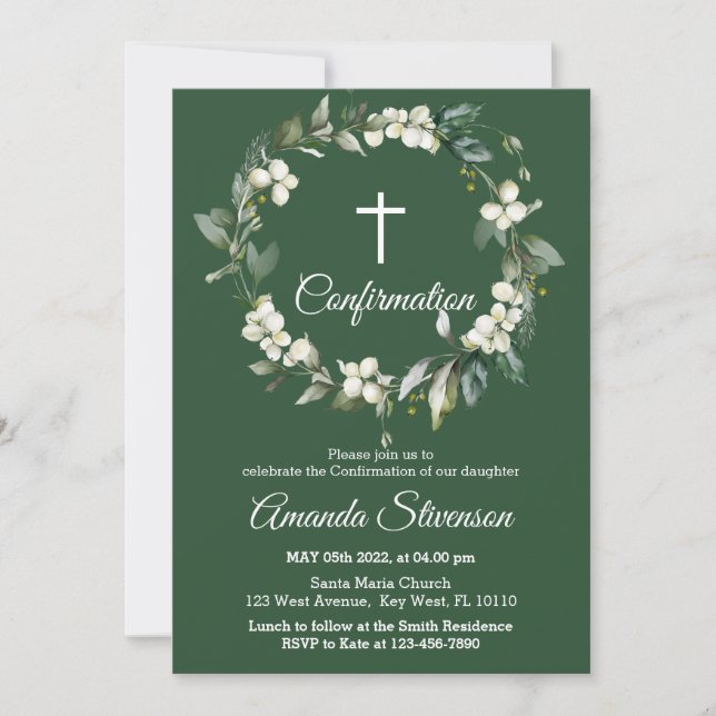 Dark Greenery Floral Confirmation Invitation (Front)