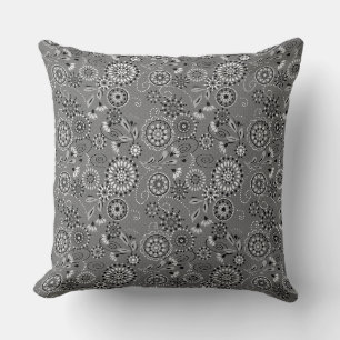 Dark grey abstract flowers ethnic rustic pattern cushion