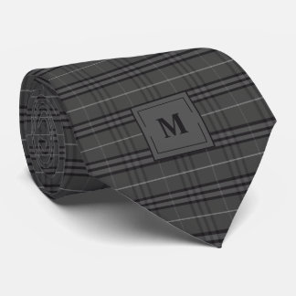 Dark Grey and Black Plaid Monogrammed Tie