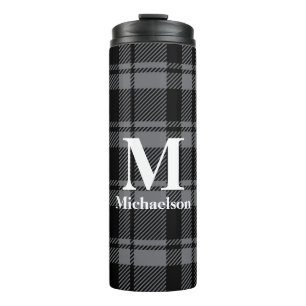 Dark Grey and Black Plaid with Monogram Name  Thermal Tumbler