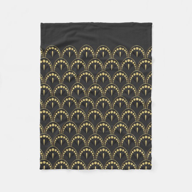 Dark-grey and gold art-deco geometric pattern fleece blanket (Front)