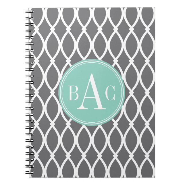 Dark Grey and Mint Monogrammed Barcelona Print Notebook (Front)