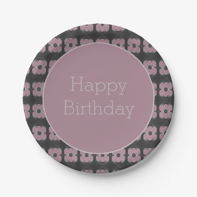 Dark Grey And Plum Floral Paper Plate (Front)