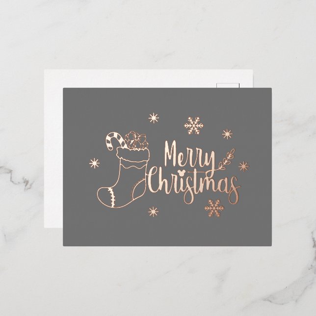 Dark Grey and Rose Gold Foil Merry Christmas Holiday Postcard (Front/Back)
